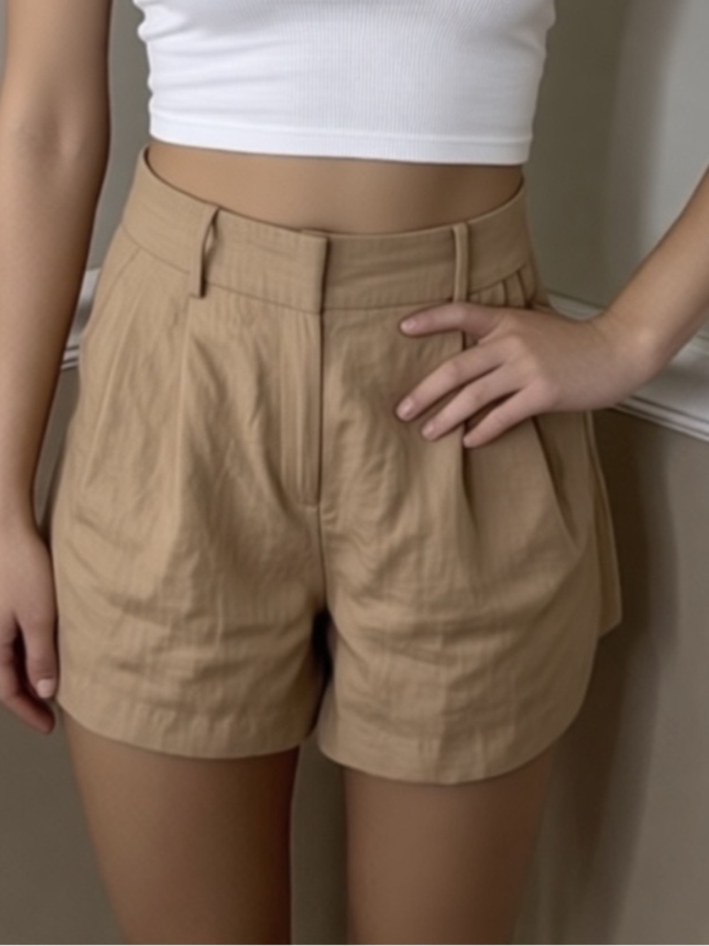 Zara Tan Pleated High-Waist Bermuda Shorts